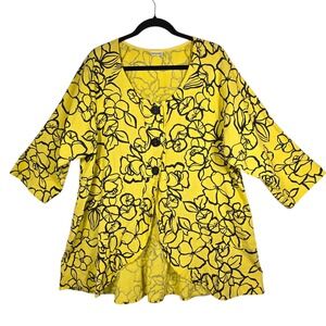 Habitat Clothes to Live In Button Front Tunic Top Womens XL Yellow Linen Floral